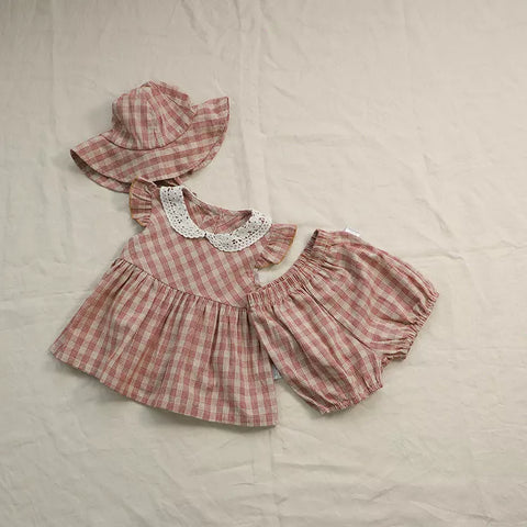 3 Pc Baby Girl Plaid Dress, Bloomers & Bonnet Set