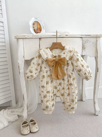 Baby Girls Floral Print Bow Padded Fleece Suit