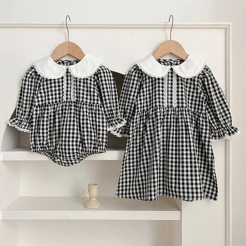 Girls Long Sleeve Gingham Collar Dress/ Bodysuit