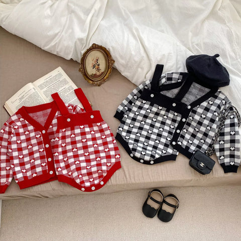 2 Pc Baby Girl Hearts Blocks Knit Cardigan & Bodysuit Set
