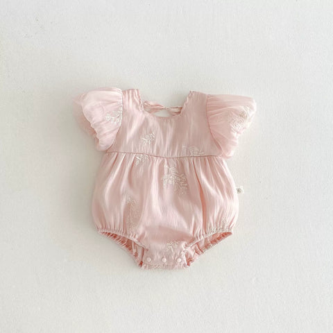Baby Girl Bubble Sleeve Embroidered Fabric Bodysuit