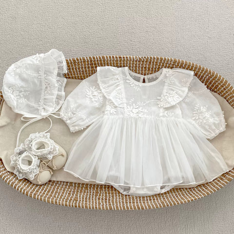 2 Pc Baby Girl Sheer Floral Dress with Bonnet