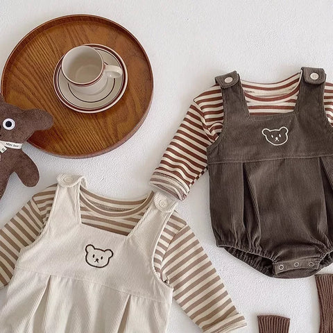 2 Pc Baby Boy Stripe Shirt Corduroy Bodysuit Set