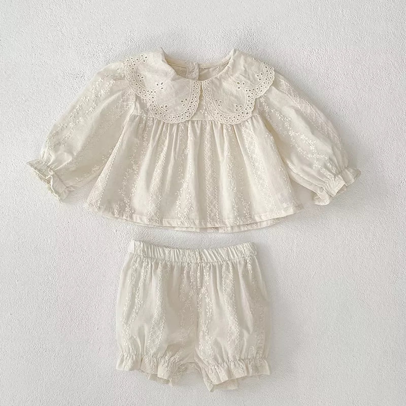 Baby Girl Floral Eyelet Pattern Top & Bloomer Shorts Set