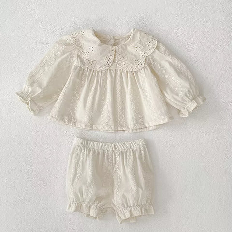 Baby Girl Floral Eyelet Pattern Top & Bloomer Shorts Set