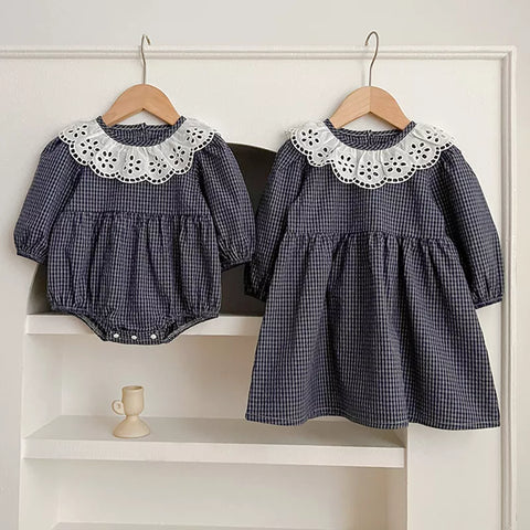 Girls Hollow Collar Plaid Bodysuit or Dress