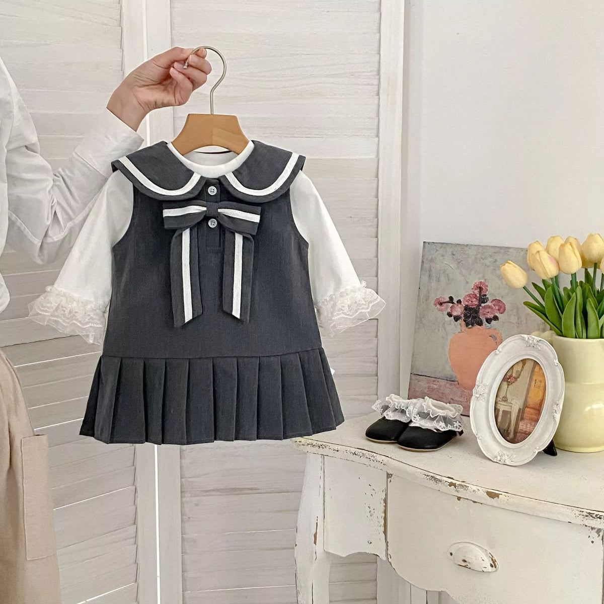 2 Pc Girls Contrast Ribbon Pinafore Dress