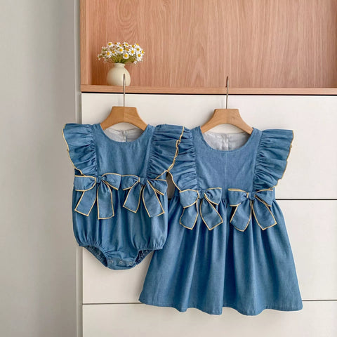Girls Bows Chambray Denim Dress/Bodysuit