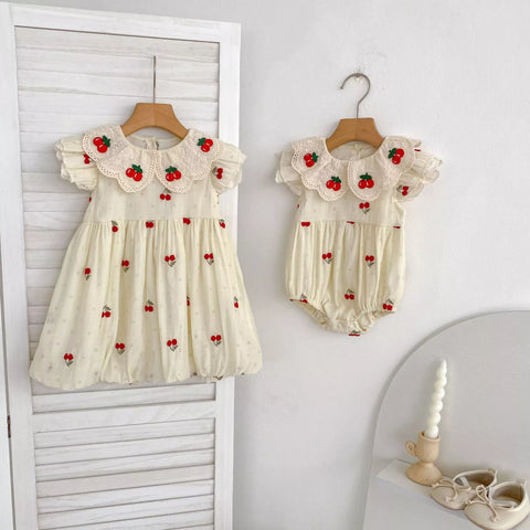 Girls Cherry on Top Scallop Collar Bodysuit or Dress