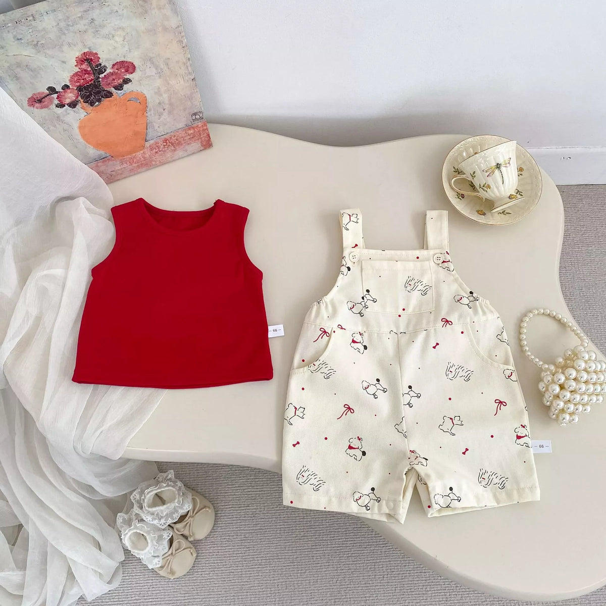 2 pc Unisex Kids French Poodle Tank & Overalls Set