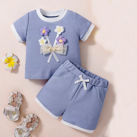 2 Pc Baby Girl Waffle Knit 3D Flower Set