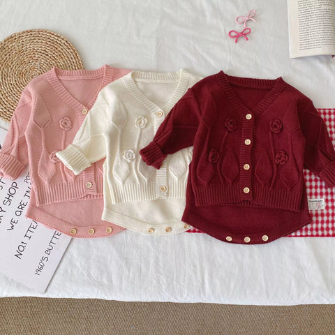 2 Pc Baby Girl Flower & Leaf Cardigan Bodysuit Set