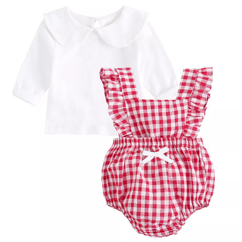 2 Pc Baby Girl Peter Pan Collar Gingham Plaid Bodysuit