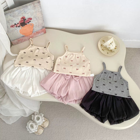 2 Pc Baby Girl Bow Print Cami & Bloomer Shorts Set