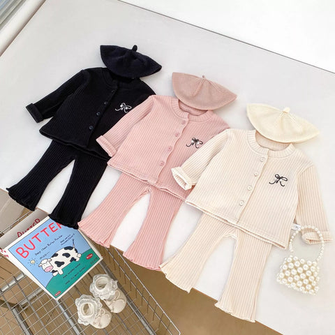 2 Pc Baby Girl Ribbed Knit Cardigan & Flare Pants Set