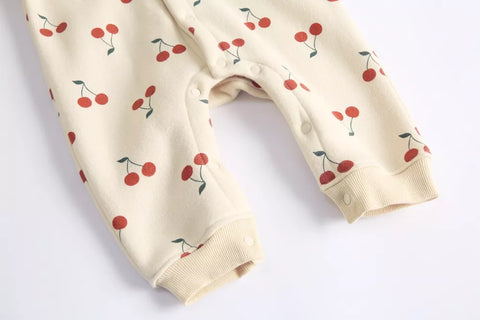Baby Girl Cherry Print Ruffle Hooded Romper