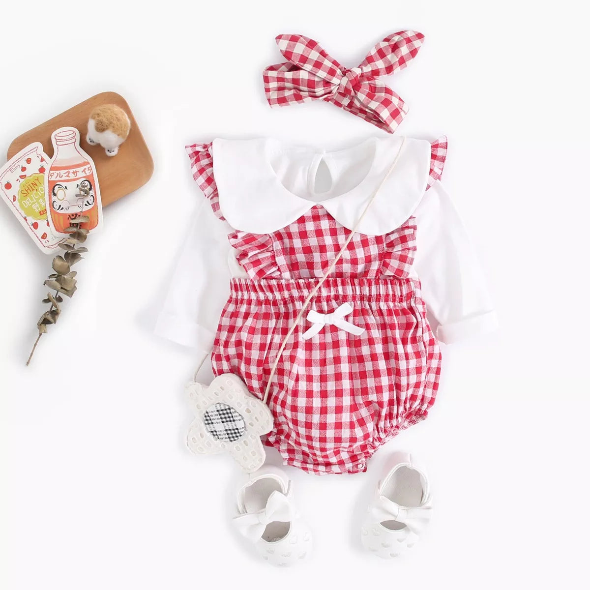 2 Pc Baby Girl Peter Pan Collar Gingham Plaid Bodysuit