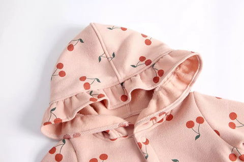 Baby Girl Cherry Print Ruffle Hooded Romper