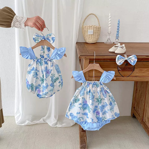 Girls Blue Floral Onesie or 3 Pc Shorts Set