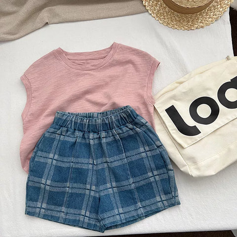 Boys Wide Denim Plaid Shorts