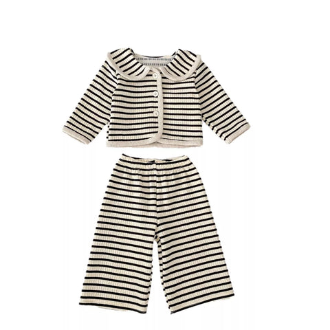 2 Pc Girls French Stripe Cardigan Wide Pants Set