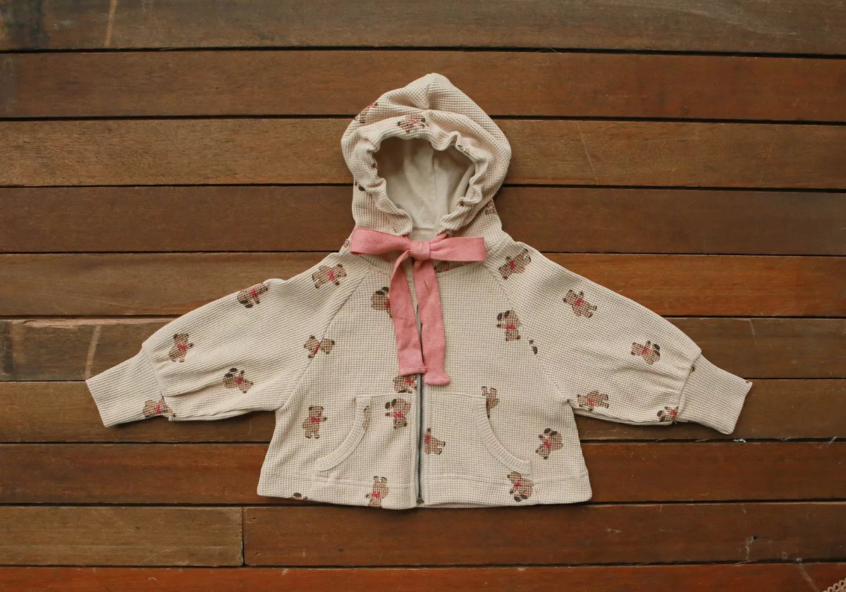 Girl Swing Waffle Knit Bear Zip up Jacket