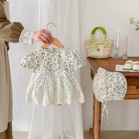 Baby Girl Vintage Floral Mesh Skirt Bodysuit w/ Bonnet
