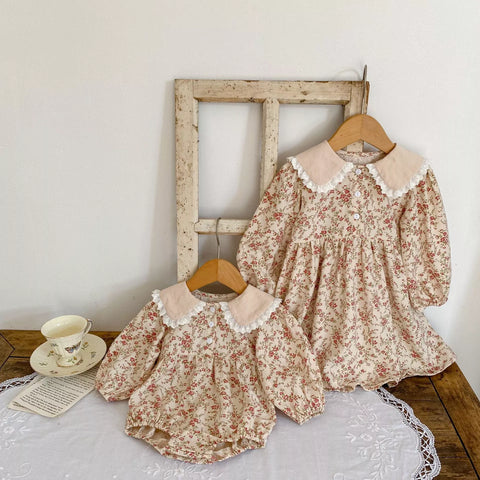 Girls Autumn Floral Vintage Style Bodysuit/Dress