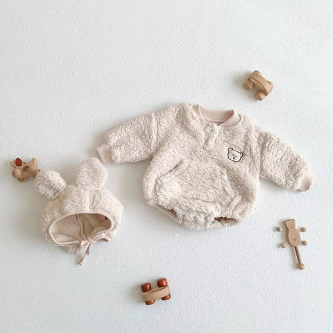 Baby Sherpa Fleece Bear Bodysuit with Hat