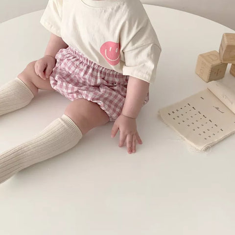 2 Pc Baby Girl Gingham Bloomer w/ Happy Face Tee