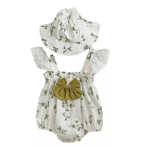 2 Pc Baby Girl Leaf Print Bodysuit with Hat