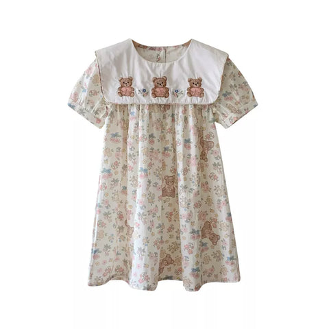 Girls Vintage Style Bear Print Square Collar Dress