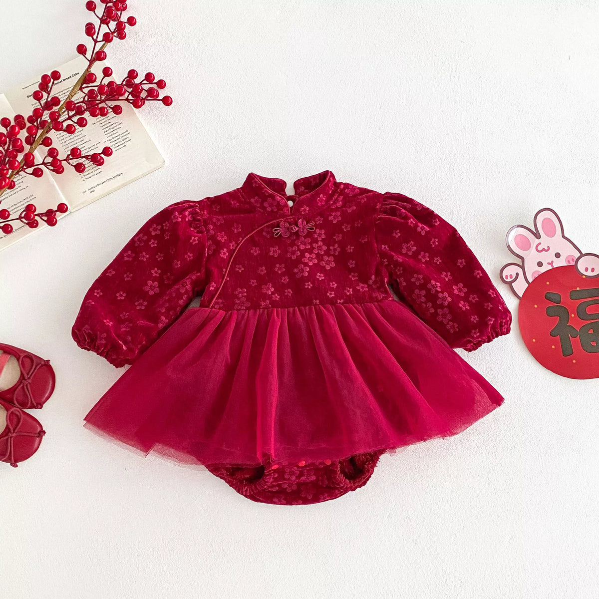 Baby Girl Fleece Lined Cheongsam Floral Tulle Bodysuit