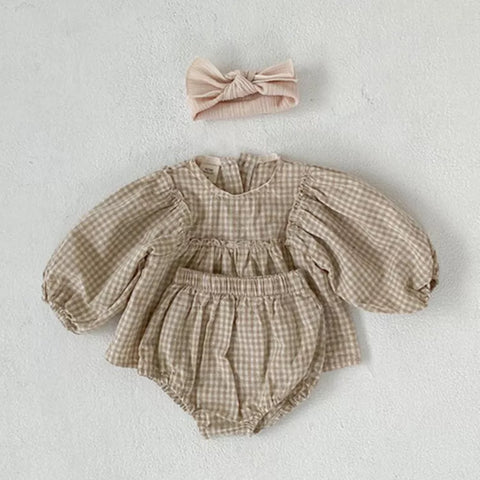 2 Pc Baby Girl Gingham Puff Sleeve Shirt & Shorts