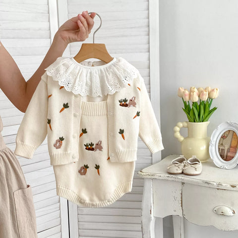 2 Pc Baby Girl Rabbit & Carrot Cardigan and Bodysuit Set