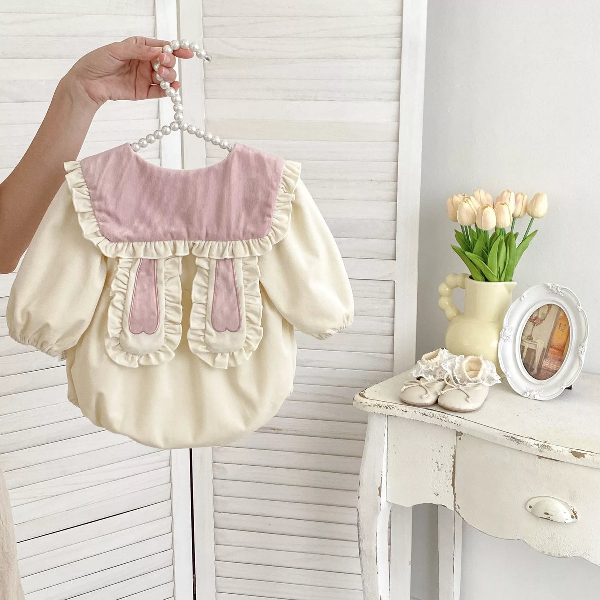 Baby Girl Corduroy Bunny Ears Collar Bodysuit