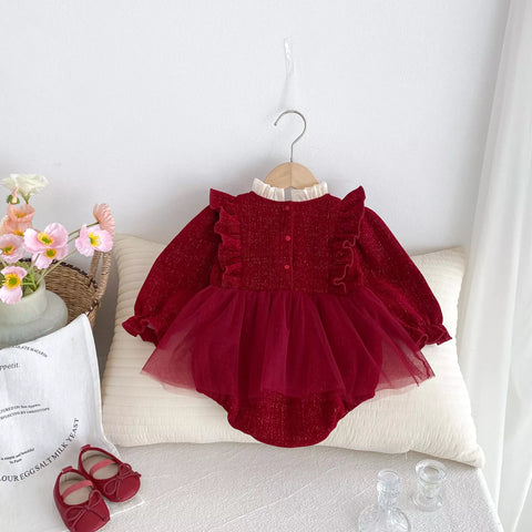 Baby Girls Tweed Satin Bow Detail Bodysuit Dress