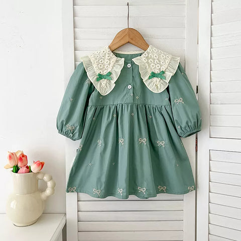 Girls Mini Bow Detail Peter Pan Collar Dress/Bodysuit