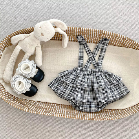2 Pc Baby Girl Plaid Overall Skirt w/ Collar Shirt