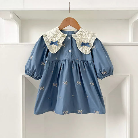 Girls Mini Bow Detail Peter Pan Collar Dress/Bodysuit
