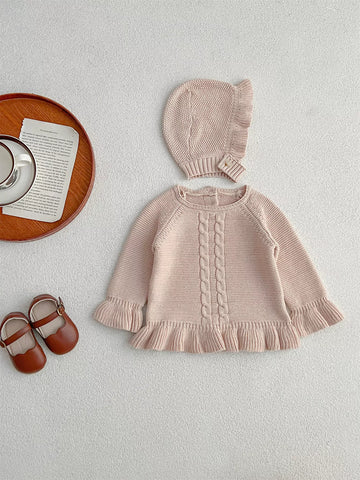 2 Pc Baby Girls Peplum Knit Sweater w/ Hat