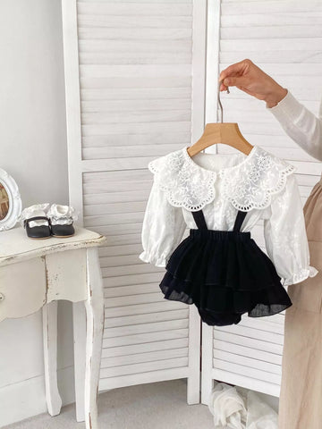 3 Pc Baby Girl Overall Skirt w/ Lace Collar Shirt & Beret