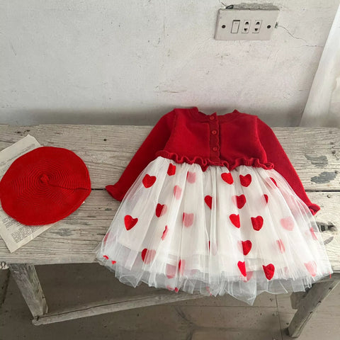 Baby Girl Heart Embroidered Tulle Sweater Dress