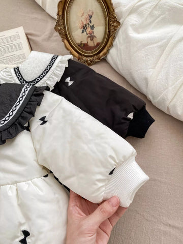 Girl Contrast Collar Bow Puff Coat
