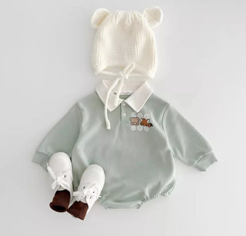 Baby Boy Bear & Fox Print Polo Bodysuit