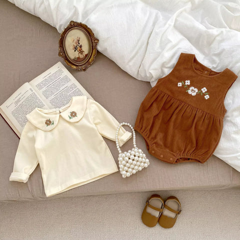 2 Pc Baby Girl Spring Flower Corduroy Overall Bodysuit