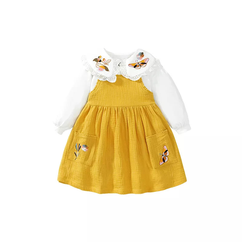 2 Pc Girls Cotton Overall Dress with Collar Shirt