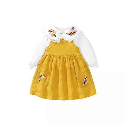 2 Pc Girls Cotton Overall Dress with Collar Shirt