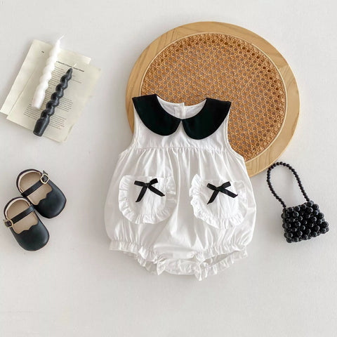 Baby Girl Contrast Ruffle Pocket Bow Bodysuit