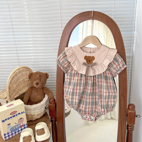 Baby Girl Bear Ruffle Bib Nova Check Bodysuit